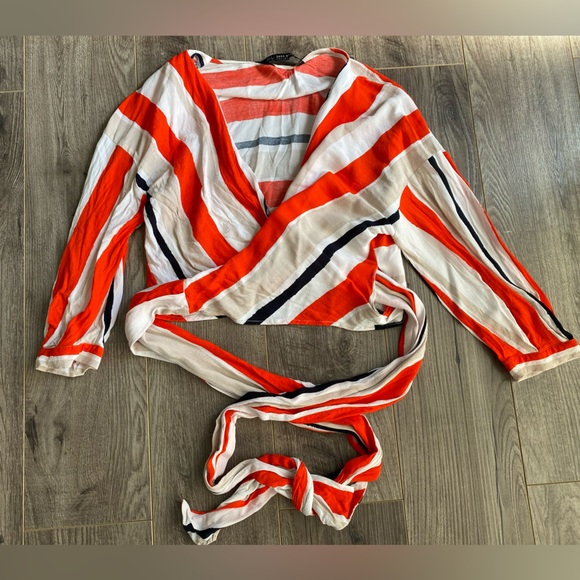 ZARA orange- red, white, cream & black striped wrap and tie cropped blouse - Picture 4 of 11